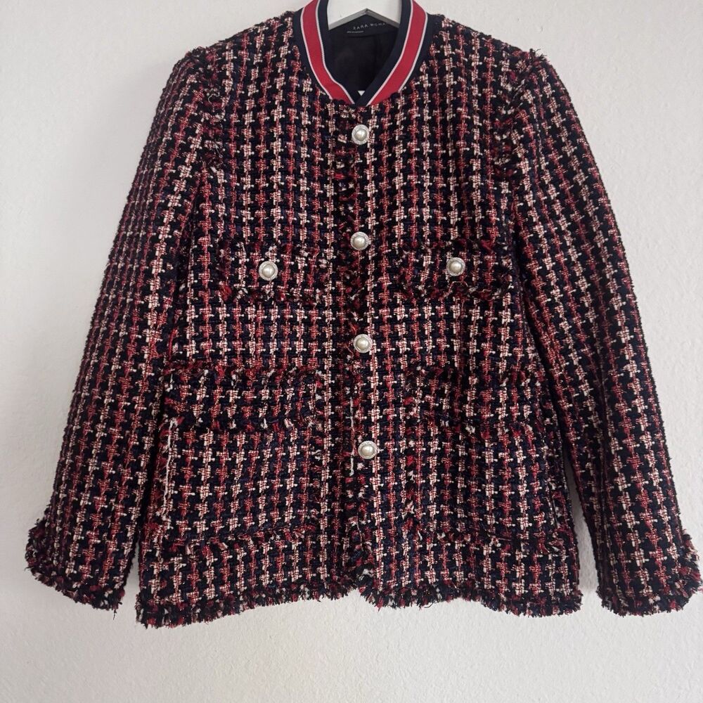 Zara Red Tweed Blazer Jacket With Striped Details Sz M Pearl Like Buttons - Picture 14 of 15